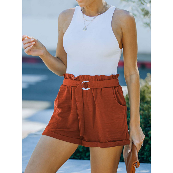 Loose Waisted Strap Pocket High Waisted Casual Shorts