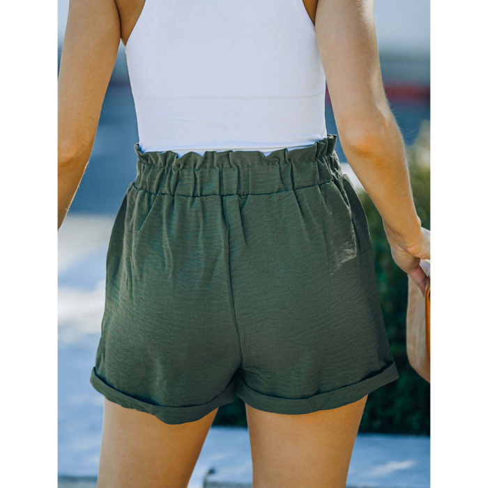 Loose Waisted Strap Pocket High Waisted Casual Shorts