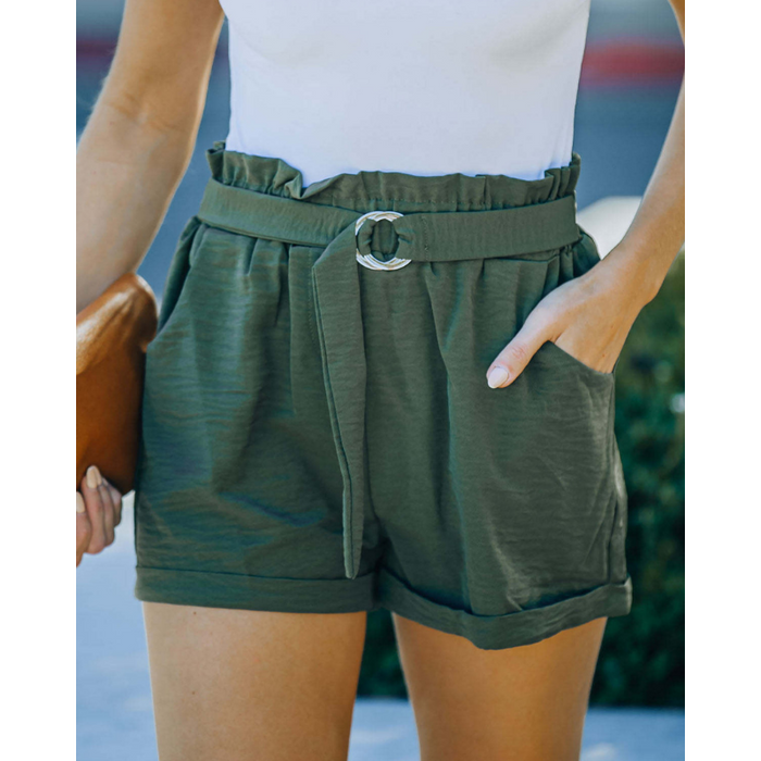 Loose Waisted Strap Pocket High Waisted Casual Shorts